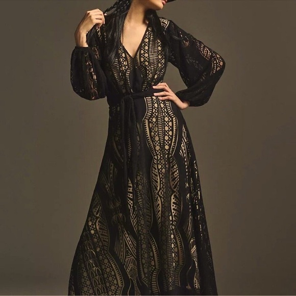 Farm Rio Anthropologie Medium Devore Fringed Maxi Dress Crochet Lace Black - Picture 6 of 15